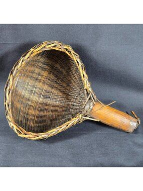 Vintage Handwoven Bamboo Wicker Scoop Basket w Handle Rustic Folk Style Decor